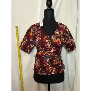 WHITE HOUSE BLACK MARKET Floral Ruched V Neck Short Sleeve Top Women's XS